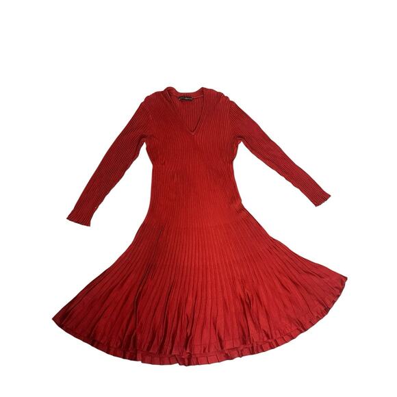 Peruvian Connection Pima Cotton Red Ribbed Long SLV Knit Fit Flare Midi Dress Lg - Picture 3 of 10